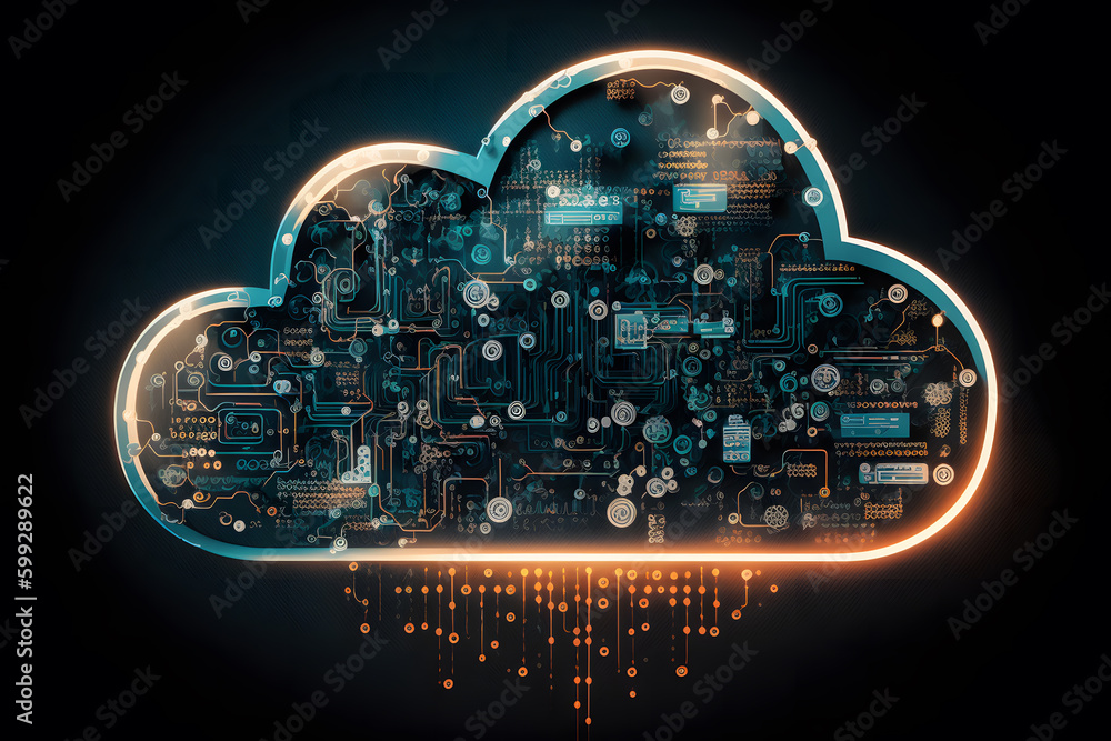 Generative AI image of cloud computing and digital data transfer with computing networked across cities country and globe with virtualization approach
